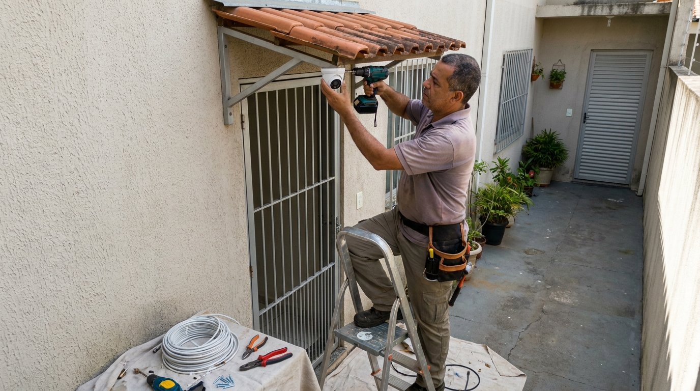 Eletricista instalando cameras de seguranca em São Carlos‑SP