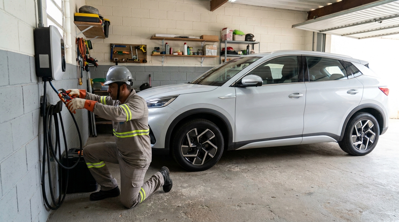 Eletricista instalando carregador de carro eletrico em São Carlos‑SP